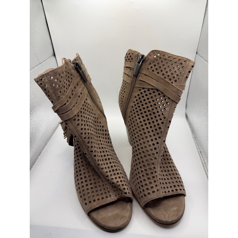 Vince Camuto Kamey Tassel Perforated Suede Peep Toe Booties Taupe Womens‎ 5.5 M